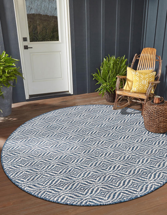 Blue 4' 1 x 4' 1 Outdoor Trellis Round Area Rug Weather Resistant for Patio, Deck, Terrace, Balcony, Porch Geometric Design Water Safe Outside Carpet for Sale at Rug Engine