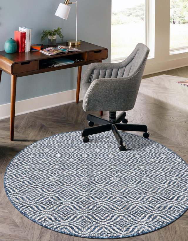 Blue 4' 1 x 4' 1 Outdoor Trellis Round Area Rug Weather Resistant for Patio, Deck, Terrace, Balcony, Porch Geometric Design Water Safe Outside Carpet for Sale at Rug Engine