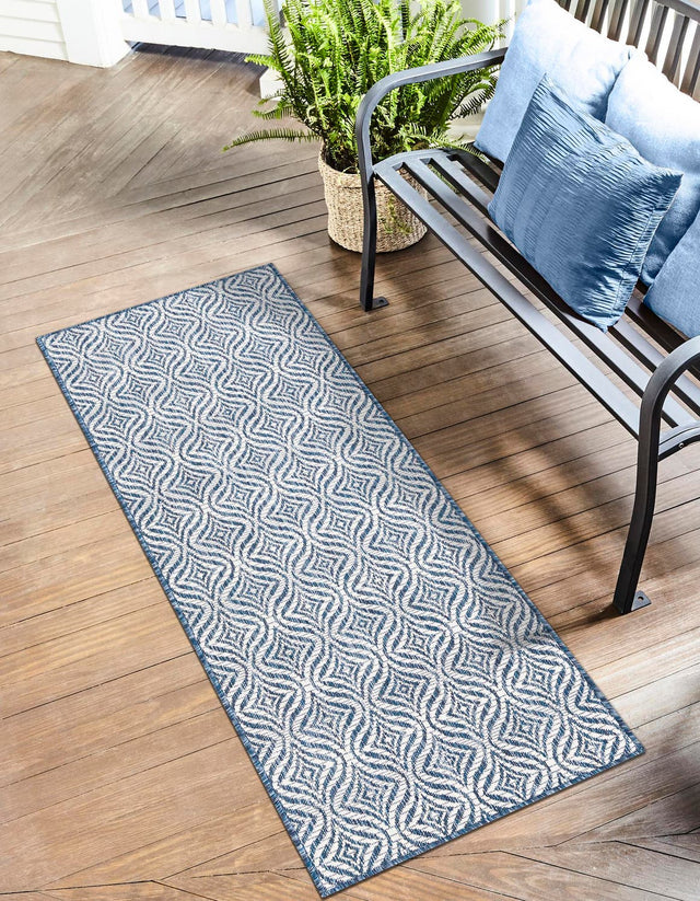 Blue 2' x 6' 1 Outdoor Trellis Runner Area Rug Weather Resistant for Patio, Deck, Terrace, Balcony, Porch Geometric Design Water Safe Outside Carpet for Sale at Rug Engine