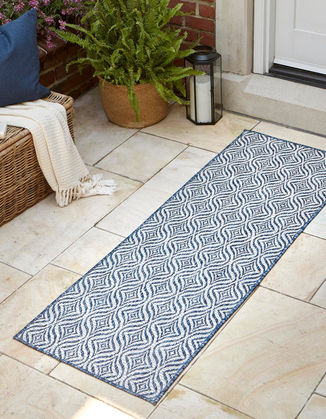 Blue 2' x 6' 1 Outdoor Trellis Runner Area Rug Weather Resistant for Patio, Deck, Terrace, Balcony, Porch Geometric Design Water Safe Outside Carpet for Sale at Rug Engine