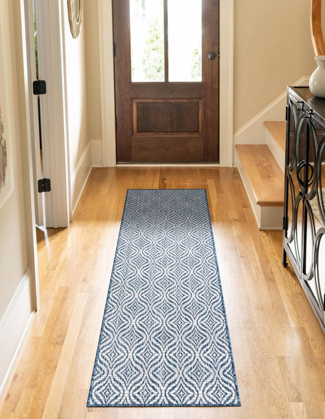 Blue 2' x 6' 1 Outdoor Trellis Runner Area Rug Weather Resistant for Patio, Deck, Terrace, Balcony, Porch Geometric Design Water Safe Outside Carpet for Sale at Rug Engine