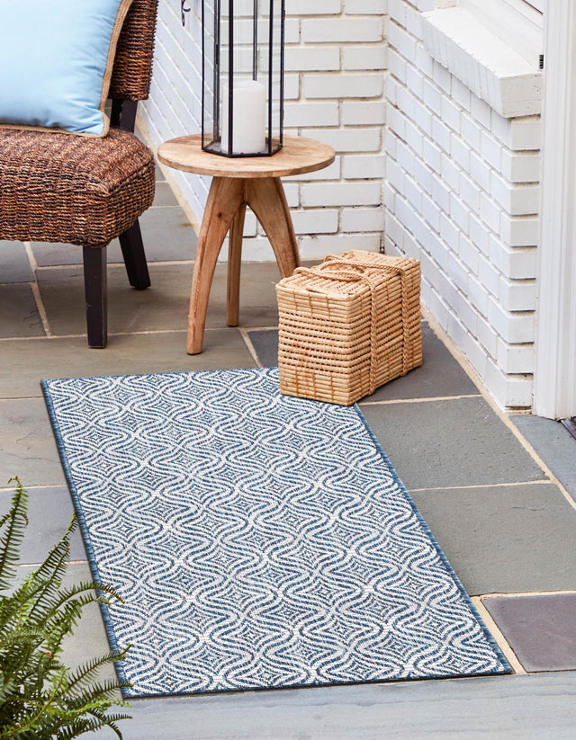 Blue 2' x 6' 1 Outdoor Trellis Runner Area Rug Weather Resistant for Patio, Deck, Terrace, Balcony, Porch Geometric Design Water Safe Outside Carpet for Sale at Rug Engine