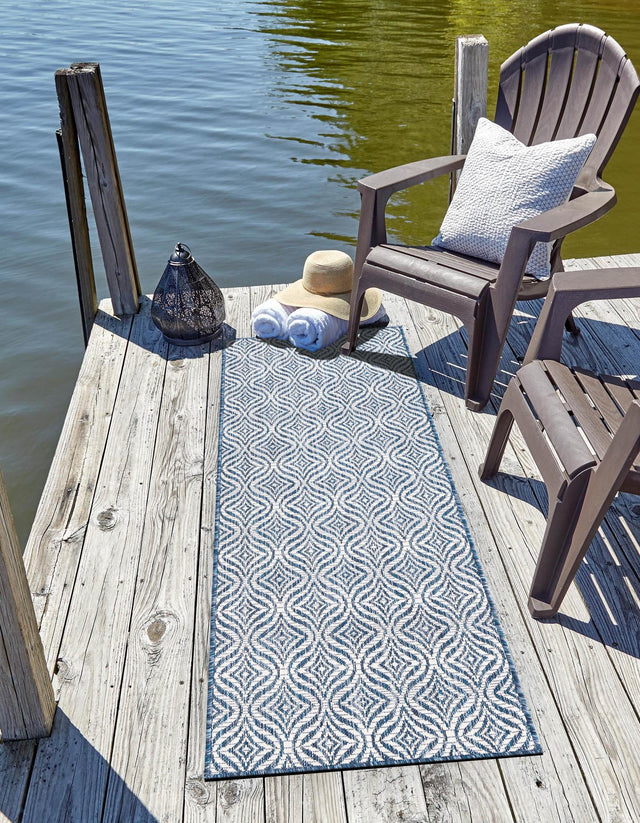 Blue 2' x 6' 1 Outdoor Trellis Runner Area Rug Weather Resistant for Patio, Deck, Terrace, Balcony, Porch Geometric Design Water Safe Outside Carpet for Sale at Rug Engine
