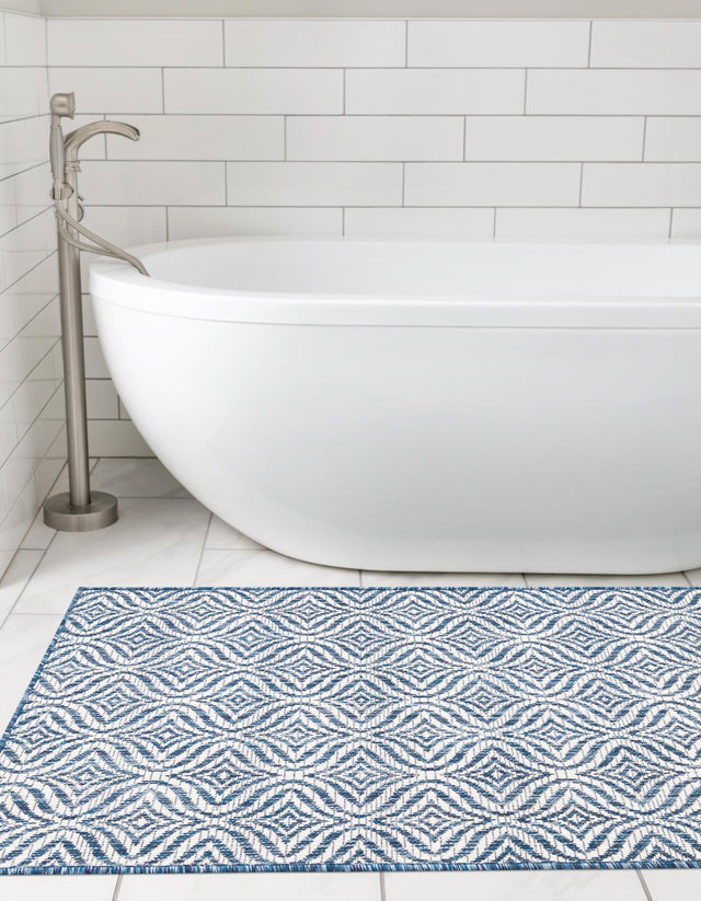 Blue 2' x 6' 1 Outdoor Trellis Runner Area Rug Weather Resistant for Patio, Deck, Terrace, Balcony, Porch Geometric Design Water Safe Outside Carpet for Sale at Rug Engine