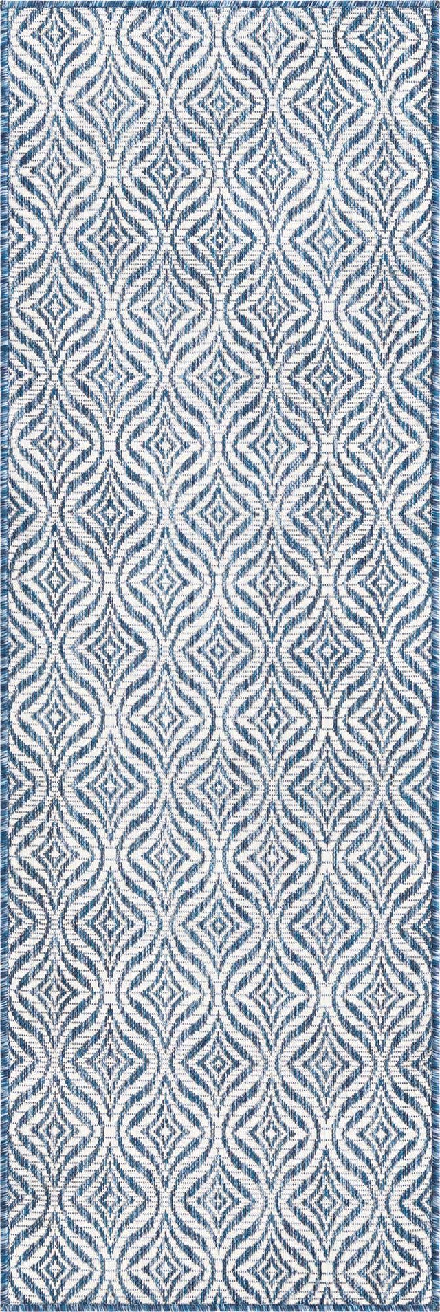 Blue 2' x 6' 1 Outdoor Trellis Runner Area Rug Weather Resistant for Patio, Deck, Terrace, Balcony, Porch Geometric Design Water Safe Outside Carpet for Sale at Rug Engine