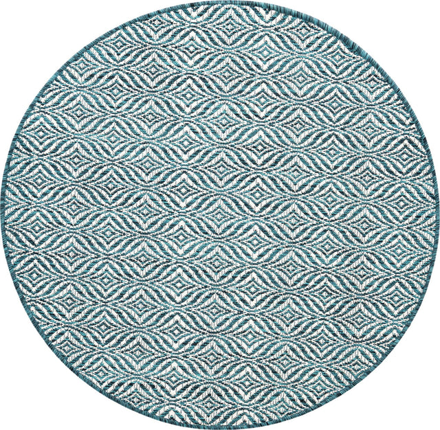 Teal 4' 1 x 4' 1 Outdoor Trellis Round Area Rug Weather Resistant for Patio, Deck, Terrace, Balcony, Porch Geometric Design Water Safe Outside Carpet for Sale at Rug Engine