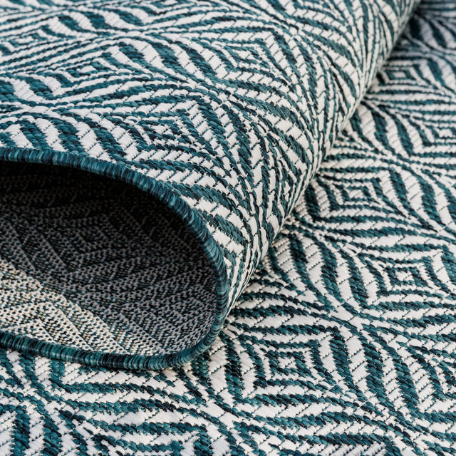 Teal 4' 1 x 4' 1 Outdoor Trellis Round Area Rug Weather Resistant for Patio, Deck, Terrace, Balcony, Porch Geometric Design Water Safe Outside Carpet for Sale at Rug Engine