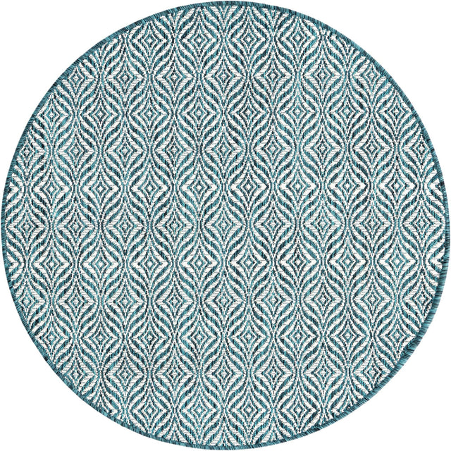 Teal 4' 1 x 4' 1 Outdoor Trellis Round Area Rug Weather Resistant for Patio, Deck, Terrace, Balcony, Porch Geometric Design Water Safe Outside Carpet for Sale at Rug Engine