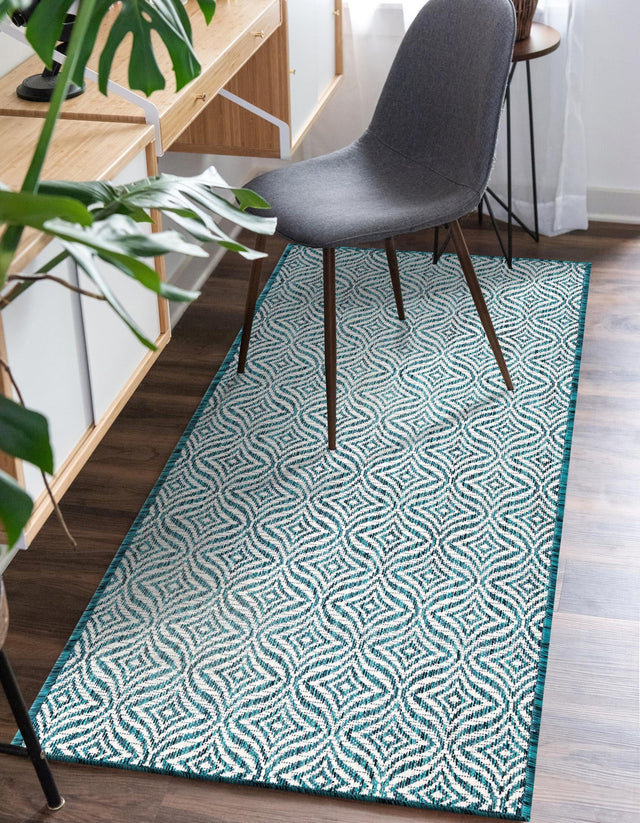 Teal 2' x 6' 1 Outdoor Trellis Runner Area Rug Weather Resistant for Patio, Deck, Terrace, Balcony, Porch Geometric Design Water Safe Outside Carpet for Sale at Rug Engine