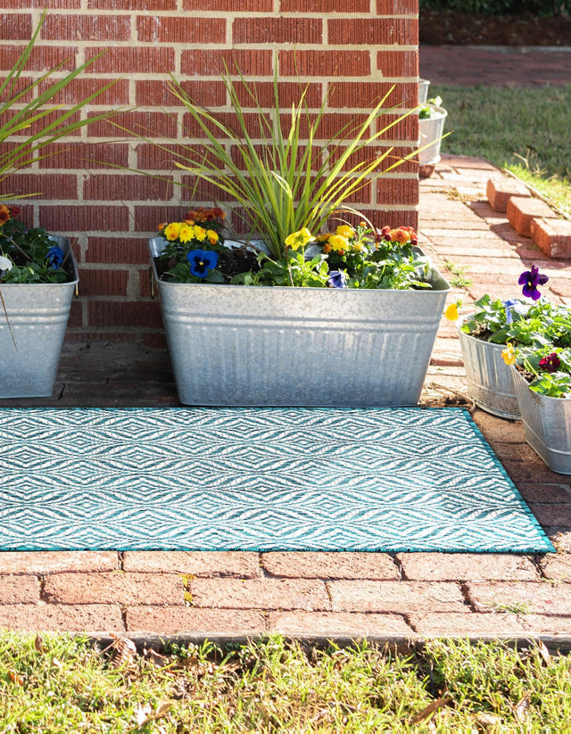 Teal 2' x 6' 1 Outdoor Trellis Runner Area Rug Weather Resistant for Patio, Deck, Terrace, Balcony, Porch Geometric Design Water Safe Outside Carpet for Sale at Rug Engine