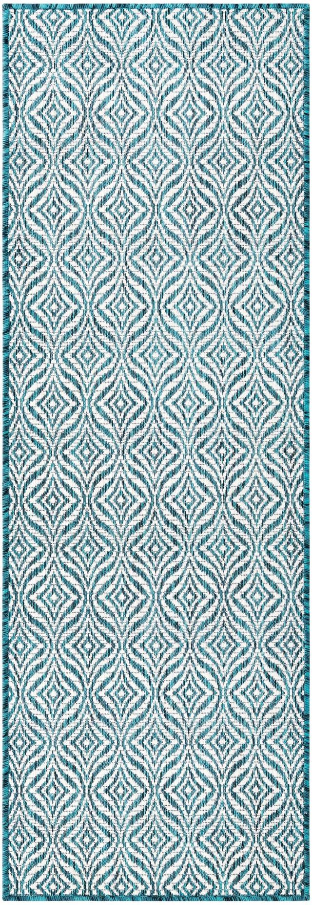 Teal 2' x 6' 1 Outdoor Trellis Runner Area Rug Weather Resistant for Patio, Deck, Terrace, Balcony, Porch Geometric Design Water Safe Outside Carpet for Sale at Rug Engine