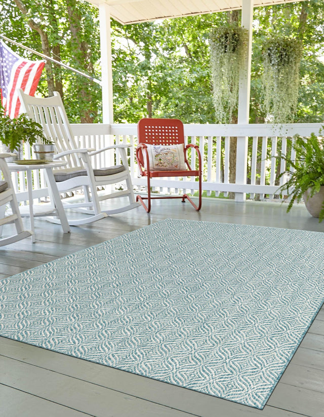 Aqua 7' 1 x 10' Outdoor Trellis Rectangle Area Rug Weather Resistant for Patio, Deck, Terrace, Balcony, Porch Geometric Design Water Safe Outside Carpet for Sale at Rug Engine