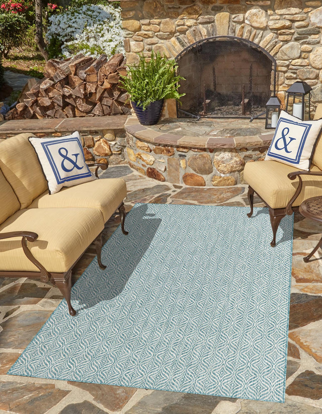 Aqua 7' 1 x 10' Outdoor Trellis Rectangle Area Rug Weather Resistant for Patio, Deck, Terrace, Balcony, Porch Geometric Design Water Safe Outside Carpet for Sale at Rug Engine