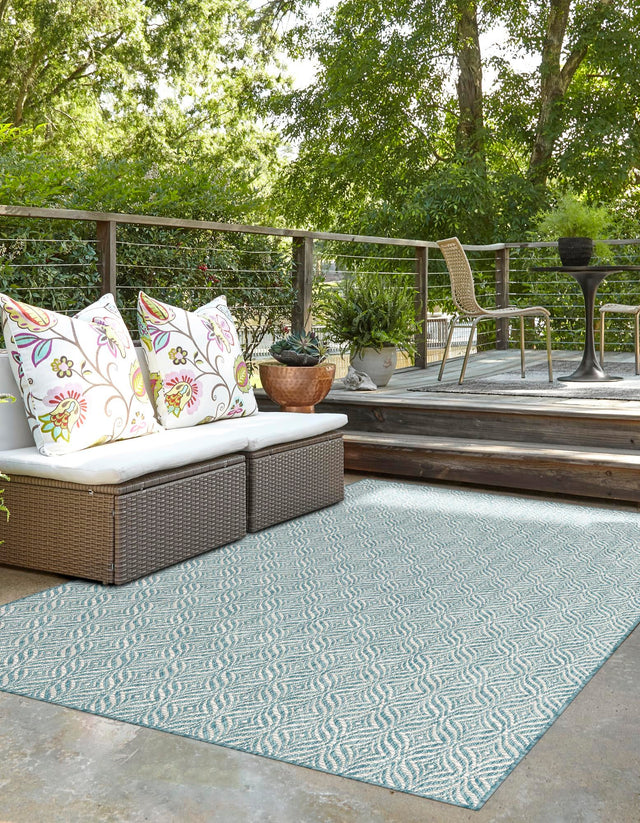 Aqua 7' 1 x 10' Outdoor Trellis Rectangle Area Rug Weather Resistant for Patio, Deck, Terrace, Balcony, Porch Geometric Design Water Safe Outside Carpet for Sale at Rug Engine