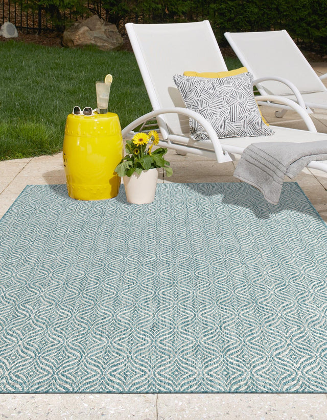 Aqua 7' 1 x 10' Outdoor Trellis Rectangle Area Rug Weather Resistant for Patio, Deck, Terrace, Balcony, Porch Geometric Design Water Safe Outside Carpet for Sale at Rug Engine