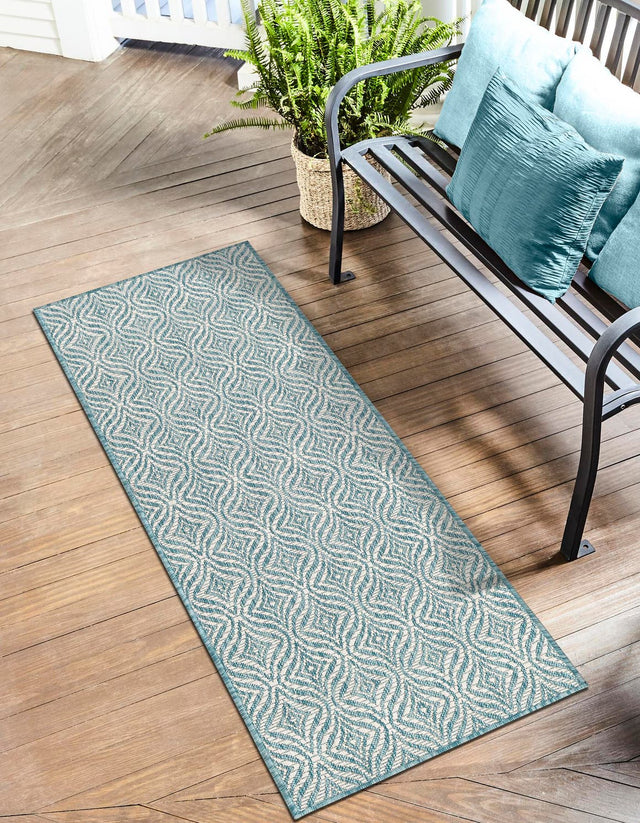 Aqua 2' x 6' 1 Outdoor Trellis Runner Area Rug Weather Resistant for Patio, Deck, Terrace, Balcony, Porch Geometric Design Water Safe Outside Carpet for Sale at Rug Engine