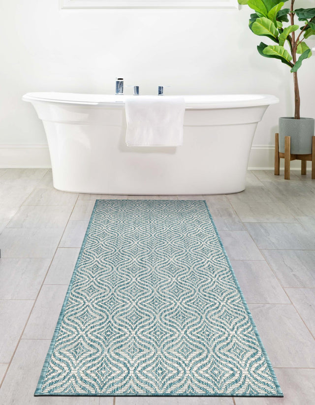 Aqua 2' x 6' 1 Outdoor Trellis Runner Area Rug Weather Resistant for Patio, Deck, Terrace, Balcony, Porch Geometric Design Water Safe Outside Carpet for Sale at Rug Engine