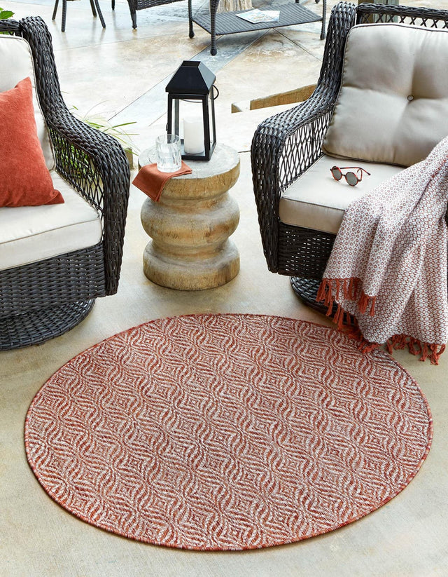 Rust Red 4' 1 x 4' 1 Outdoor Trellis Round Area Rug Weather Resistant for Patio, Deck, Terrace, Balcony, Porch Geometric Design Water Safe Outside Carpet for Sale at Rug Engine