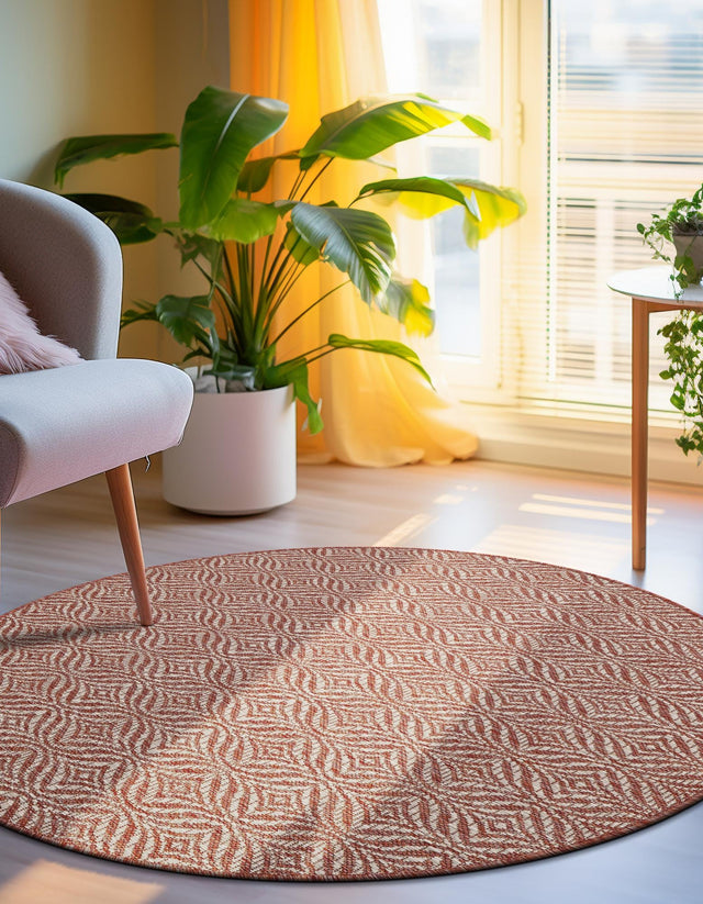Rust Red 4' 1 x 4' 1 Outdoor Trellis Round Area Rug Weather Resistant for Patio, Deck, Terrace, Balcony, Porch Geometric Design Water Safe Outside Carpet for Sale at Rug Engine
