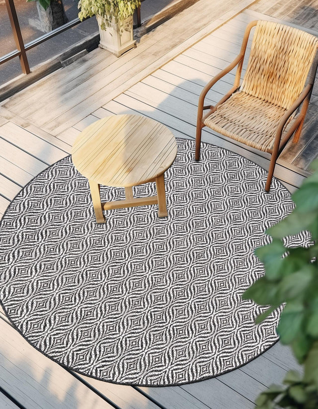 Charcoal 6' 1 x 6' 1 Outdoor Trellis Round Area Rug Weather Resistant for Patio, Deck, Terrace, Balcony, Porch Geometric Design Water Safe Outside Carpet for Sale at Rug Engine