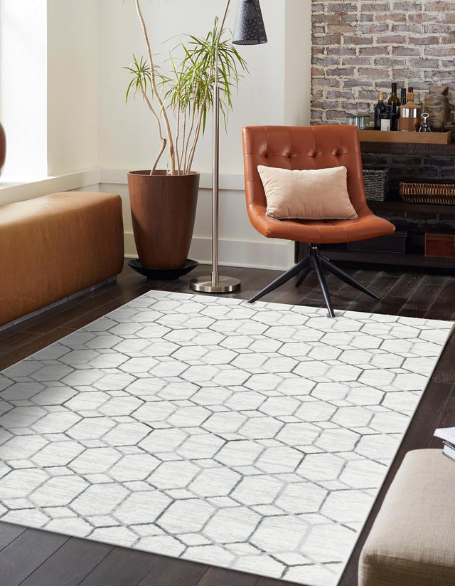 White 7' x 10' Matrix Trellis Rectangle Area Rug 100% Polyester Geometric Pattern Modern Carpet for Living, Dining, Bedroom, Office for Sale at Rug Engine