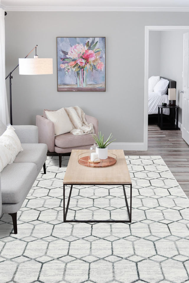 White 7' x 10' Matrix Trellis Rectangle Area Rug 100% Polyester Geometric Pattern Modern Carpet for Living, Dining, Bedroom, Office for Sale at Rug Engine