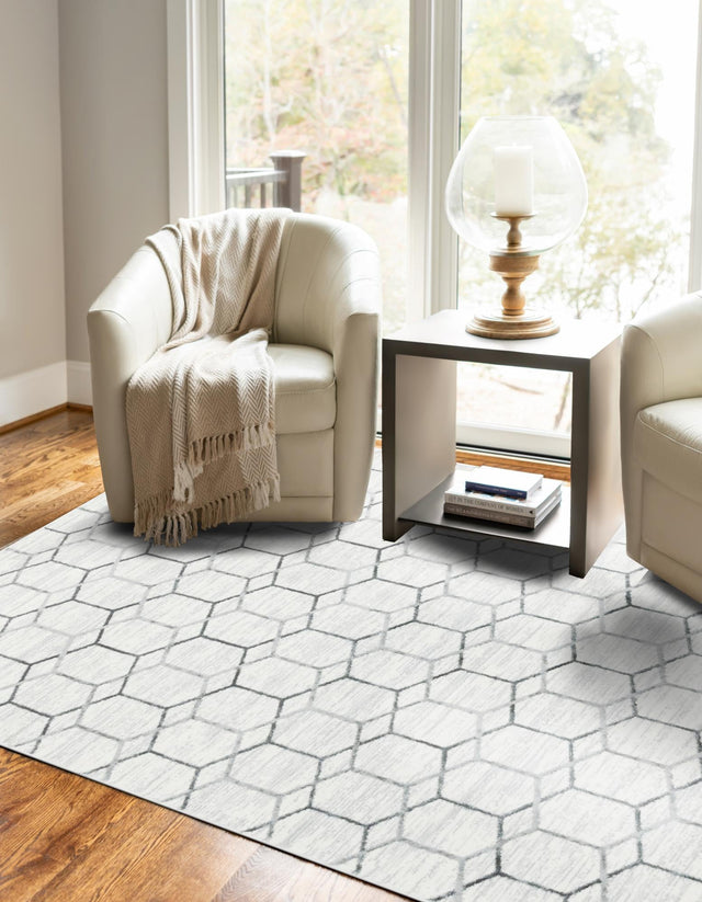 White 7' x 10' Matrix Trellis Rectangle Area Rug 100% Polyester Geometric Pattern Modern Carpet for Living, Dining, Bedroom, Office for Sale at Rug Engine