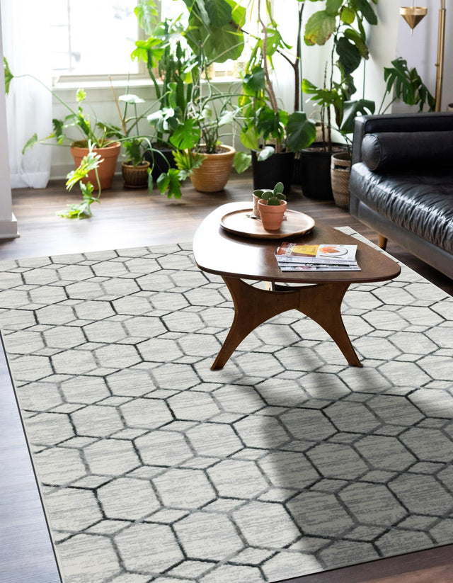 White 7' x 10' Matrix Trellis Rectangle Area Rug 100% Polyester Geometric Pattern Modern Carpet for Living, Dining, Bedroom, Office for Sale at Rug Engine