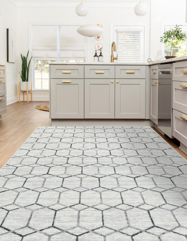 White 9' 10 x 14' 1 Matrix Trellis Rectangle Area Rug 100% Polyester Geometric Pattern Modern Carpet for Living, Dining, Bedroom, Office for Sale at Rug Engine