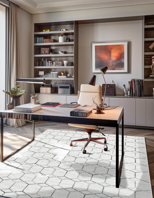 White 9' 10 x 14' 1 Matrix Trellis Rectangle Area Rug 100% Polyester Geometric Pattern Modern Carpet for Living, Dining, Bedroom, Office for Sale at Rug Engine