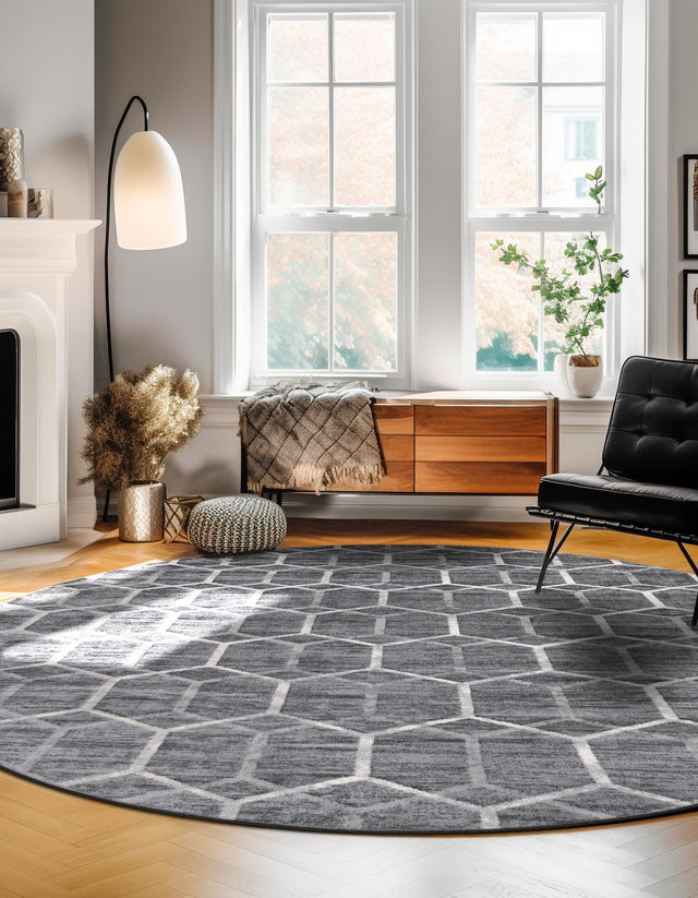 Grey 5' 1 x 5' 1 Matrix Trellis Round Area Rug 100% Polyester Geometric Pattern Modern Carpet for Living, Dining, Bedroom, Office for Sale at Rug Engine