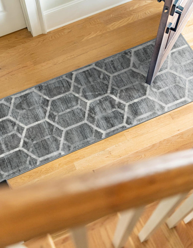 Grey 2' 7 x 16' 5 Matrix Trellis Runner Area Rug 100% Polyester Geometric Pattern Modern Carpet for Living, Dining, Bedroom, Office for Sale at Rug Engine