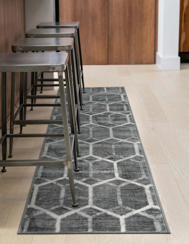 Grey 2' 7 x 16' 5 Matrix Trellis Runner Area Rug 100% Polyester Geometric Pattern Modern Carpet for Living, Dining, Bedroom, Office for Sale at Rug Engine