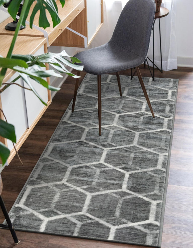 Grey 2' x 6' 1 Matrix Trellis Runner Area Rug 100% Polyester Geometric Pattern Modern Carpet for Living, Dining, Bedroom, Office for Sale at Rug Engine