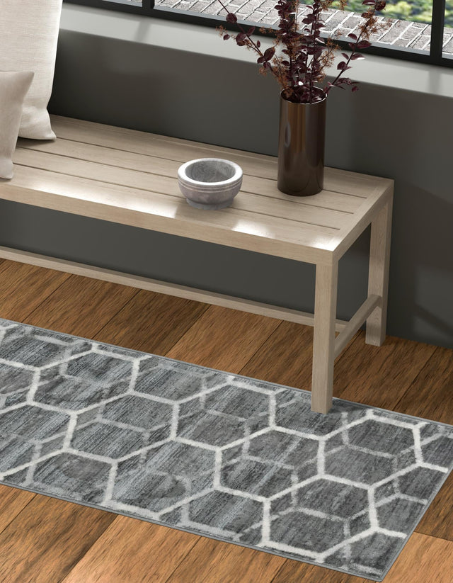 Grey 2' x 6' 1 Matrix Trellis Runner Area Rug 100% Polyester Geometric Pattern Modern Carpet for Living, Dining, Bedroom, Office for Sale at Rug Engine