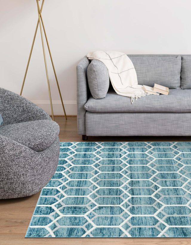 Blue 7' x 10' Matrix Trellis Rectangle Area Rug 100% Polyester Geometric Pattern Modern Carpet for Living, Dining, Bedroom, Office for Sale at Rug Engine