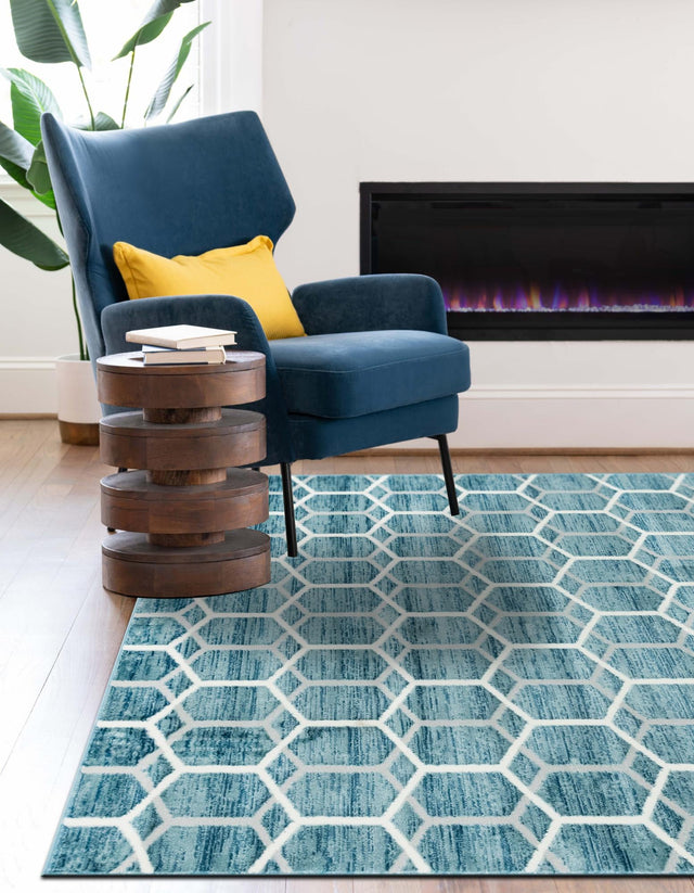 Blue 7' x 10' Matrix Trellis Rectangle Area Rug 100% Polyester Geometric Pattern Modern Carpet for Living, Dining, Bedroom, Office for Sale at Rug Engine