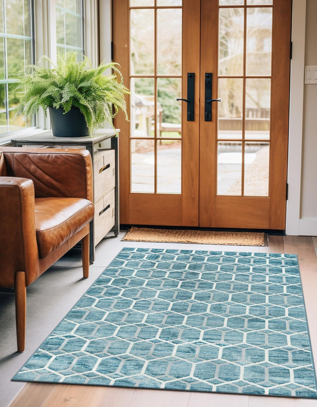 Blue 7' x 10' Matrix Trellis Rectangle Area Rug 100% Polyester Geometric Pattern Modern Carpet for Living, Dining, Bedroom, Office for Sale at Rug Engine