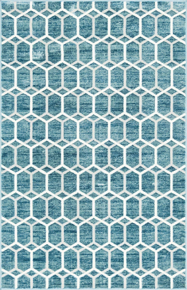 Blue 5' 1 x 8' Matrix Trellis Rectangle Area Rug 100% Polyester Geometric Pattern Modern Carpet for Living, Dining, Bedroom, Office for Sale at Rug Engine