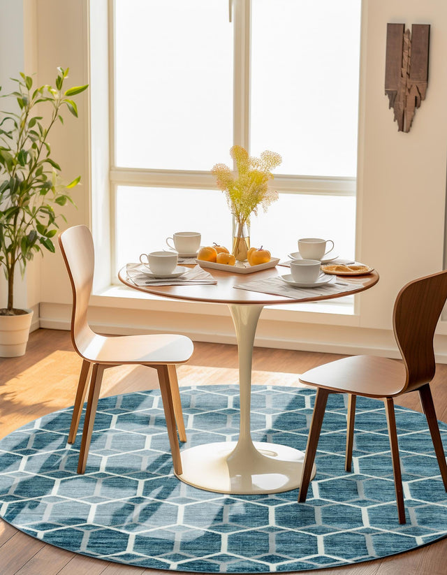 Blue 3' 3 x 3' 3 Matrix Trellis Round Area Rug 100% Polyester Geometric Pattern Modern Carpet for Living, Dining, Bedroom, Office for Sale at Rug Engine