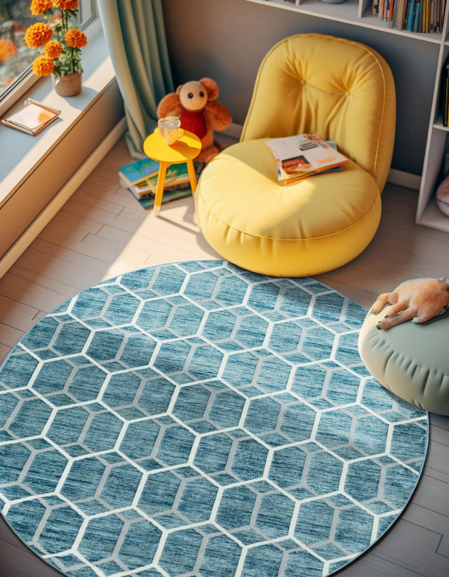 Blue 3' 3 x 3' 3 Matrix Trellis Round Area Rug 100% Polyester Geometric Pattern Modern Carpet for Living, Dining, Bedroom, Office for Sale at Rug Engine