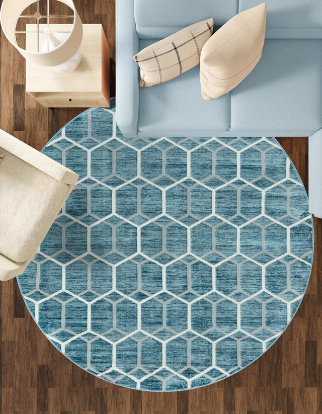 Blue 7' x 7' Matrix Trellis Round Area Rug 100% Polyester Geometric Pattern Modern Carpet for Living, Dining, Bedroom, Office for Sale at Rug Engine