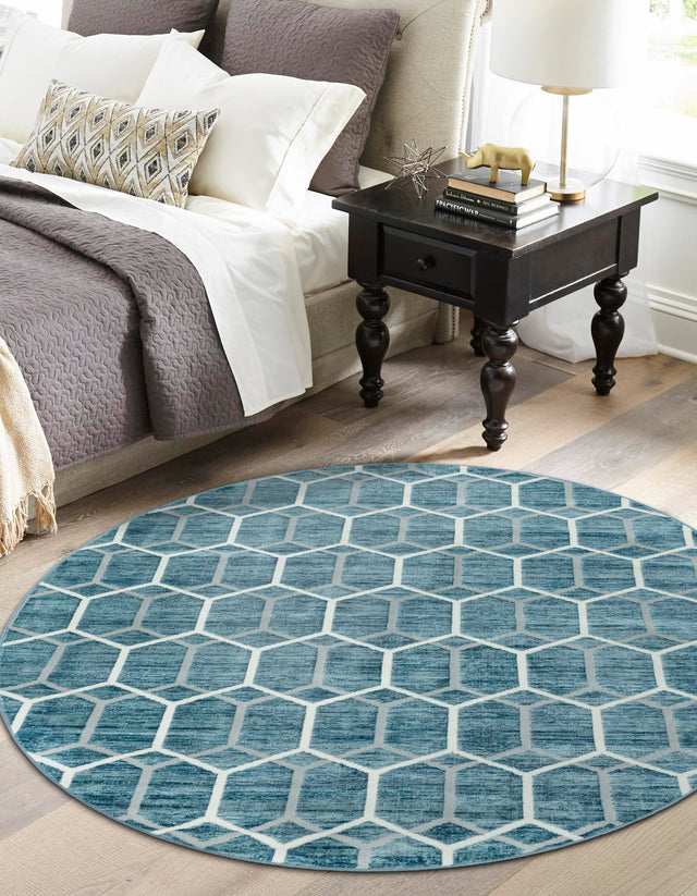 Blue 3' 3 x 3' 3 Matrix Trellis Round Area Rug 100% Polyester Geometric Pattern Modern Carpet for Living, Dining, Bedroom, Office for Sale at Rug Engine