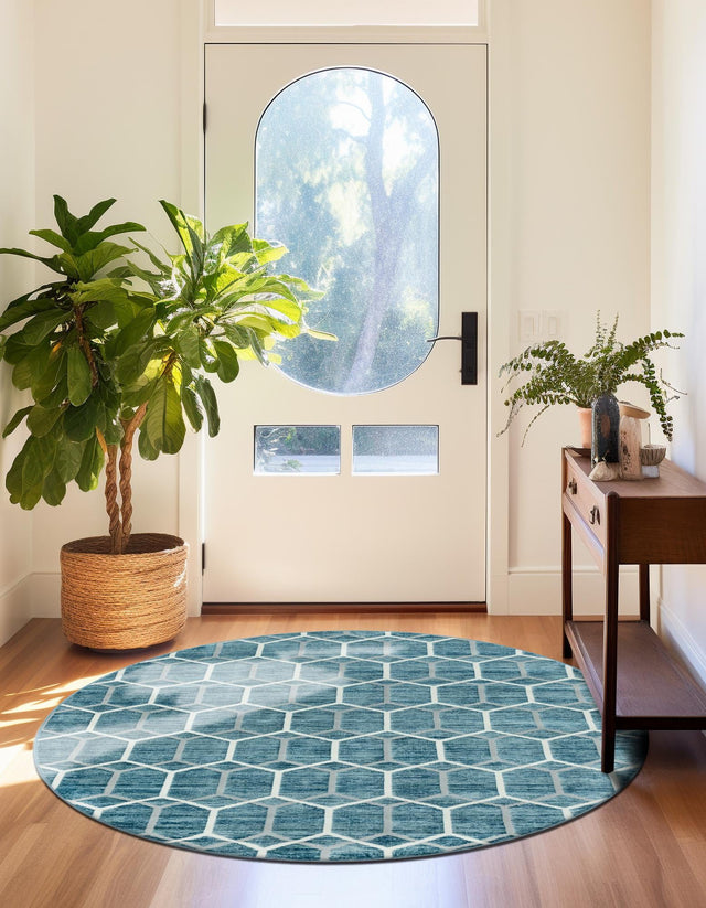 Blue 3' 3 x 3' 3 Matrix Trellis Round Area Rug 100% Polyester Geometric Pattern Modern Carpet for Living, Dining, Bedroom, Office for Sale at Rug Engine