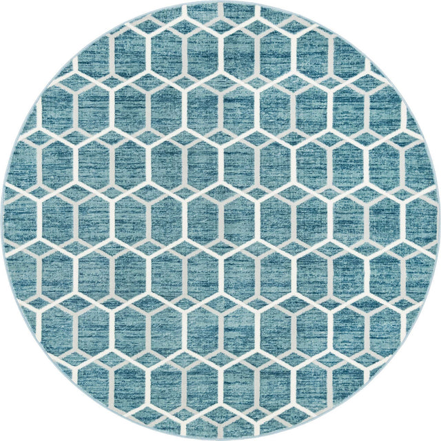 Blue 8' x 8' Matrix Trellis Round Area Rug 100% Polyester Geometric Pattern Modern Carpet for Living, Dining, Bedroom, Office for Sale at Rug Engine