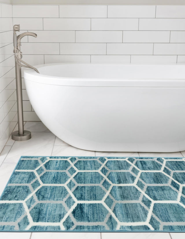Blue 3' x 10' Matrix Trellis Runner Area Rug 100% Polyester Geometric Pattern Modern Carpet for Living, Dining, Bedroom, Office for Sale at Rug Engine
