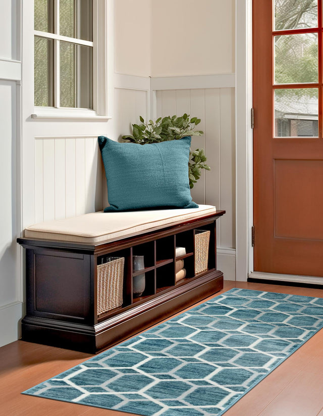 Blue 2' x 8' Matrix Trellis Runner Area Rug 100% Polyester Geometric Pattern Modern Carpet for Living, Dining, Bedroom, Office for Sale at Rug Engine