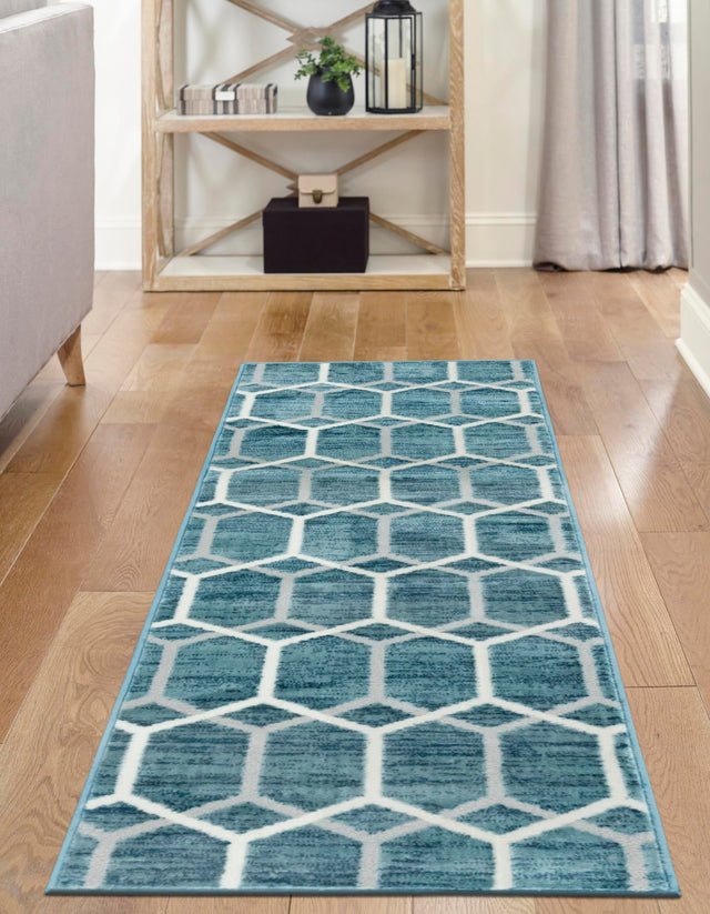 Blue 2' x 8' Matrix Trellis Runner Area Rug 100% Polyester Geometric Pattern Modern Carpet for Living, Dining, Bedroom, Office for Sale at Rug Engine