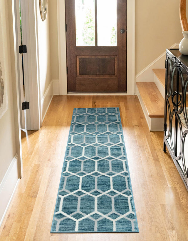 Blue 3' x 10' Matrix Trellis Runner Area Rug 100% Polyester Geometric Pattern Modern Carpet for Living, Dining, Bedroom, Office for Sale at Rug Engine
