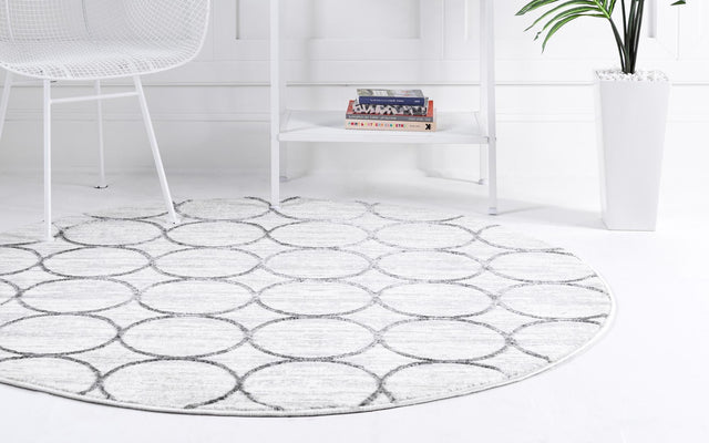 White 7' x 7' Matrix Trellis Round Area Rug 100% Polyester Geometric Pattern Modern Carpet for Living, Dining, Bedroom, Office for Sale at Rug Engine